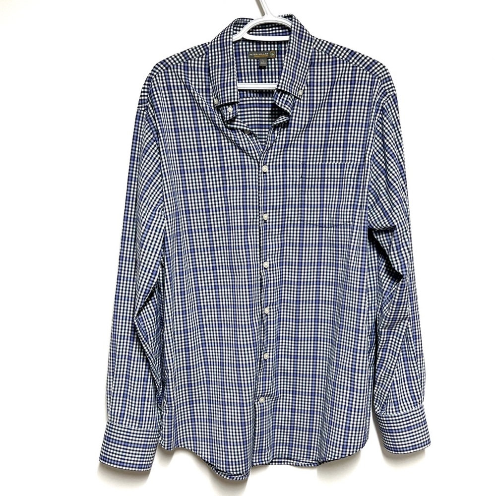 Peter Millar Summer Comfort Blue Gingham Plaid button down Golf Shirt Sz L